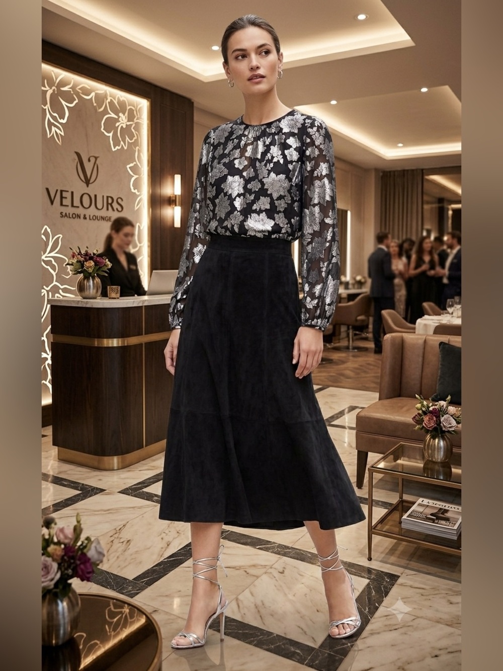 Club Monaco Black Top with Silver Metallic Floral Overlay